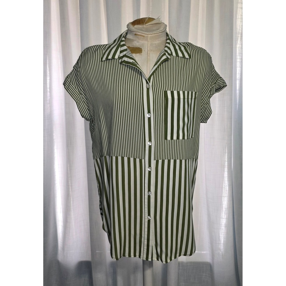 Jane + Delancey‎ Olive Green White Striped Button Up Short Sleeve Blouse Small